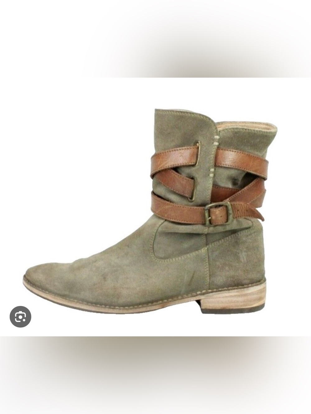 Frye gray Olive Suede Ankle Boot with Brown Wrap Straps